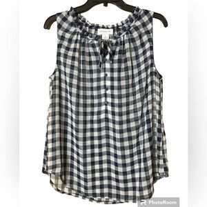 Liz Claiborne Sheer Blue Gingham Sleeveless Ruffle Top Medium Farmhouse Country